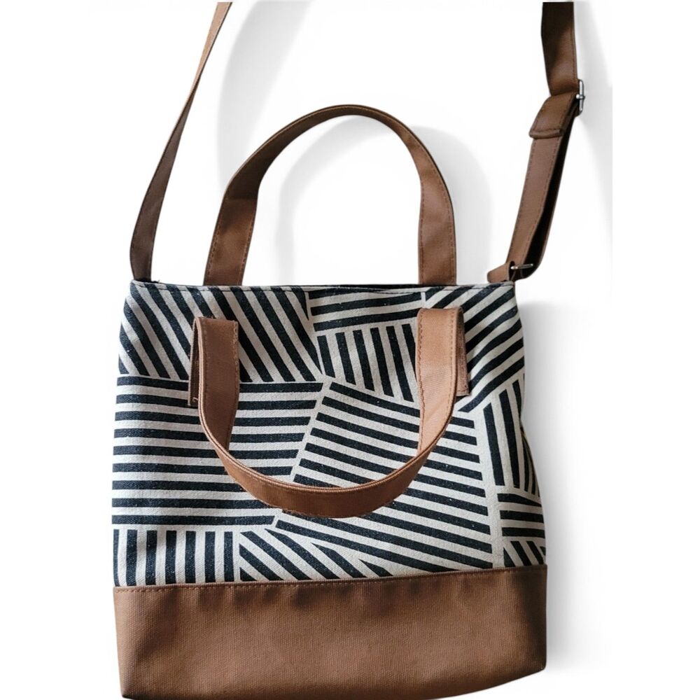 Short Stories Geometric Stripe Canvas Crossbody Tote Casual Closet Staple